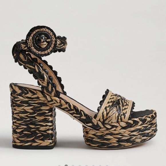 Sam Edelman Black Natural Raffia Lliana sz 7 Woven Platform Sandals Ankle Strap - Picture 4 of 15